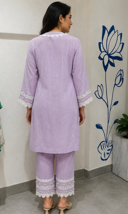 Lavender Pearl Lace Kurta Set