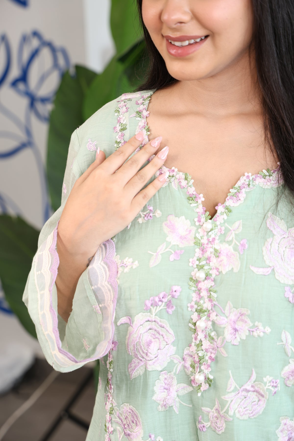 Mint Blossom Embroidered Suit Set