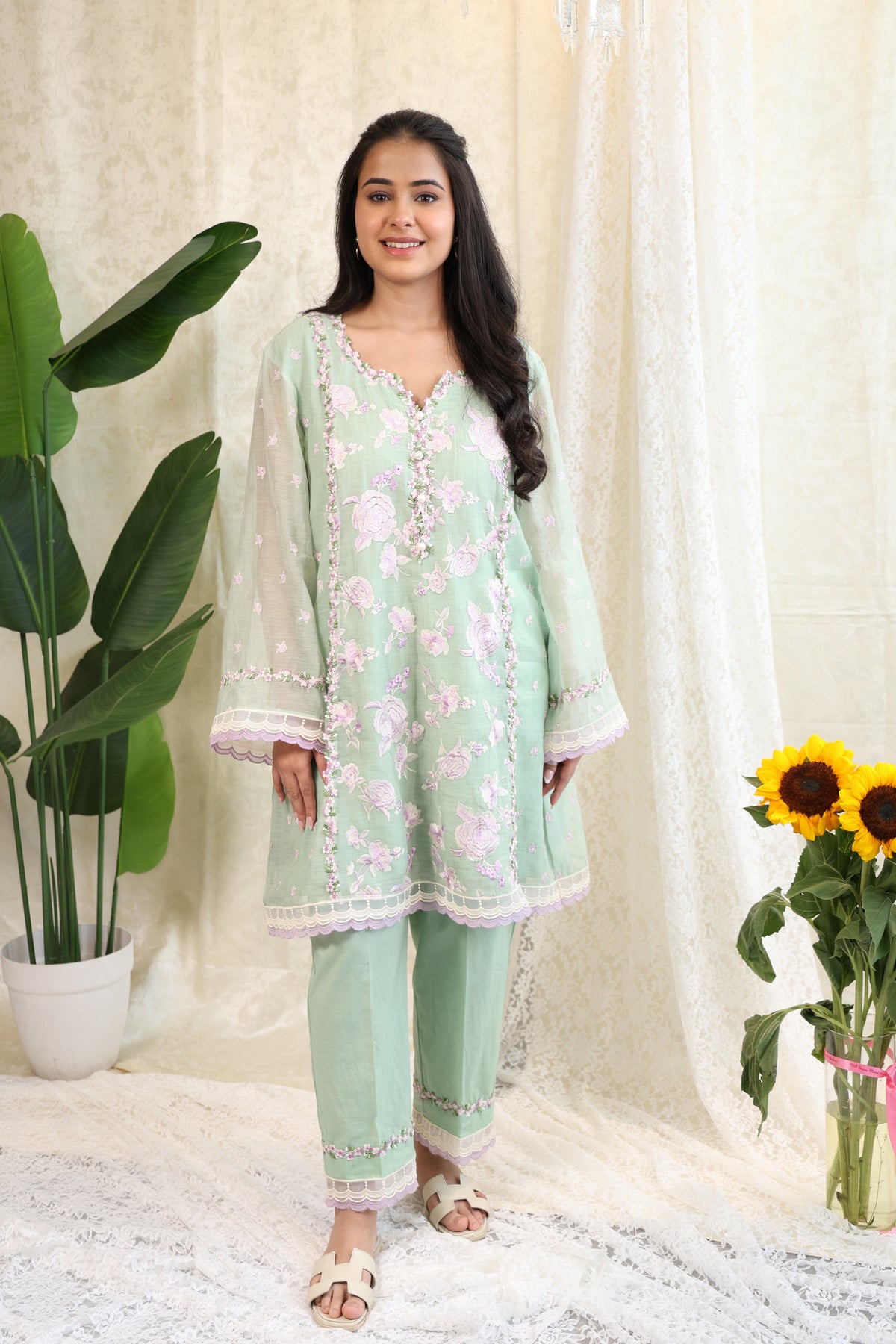 Mint Blossom Embroidered Suit Set