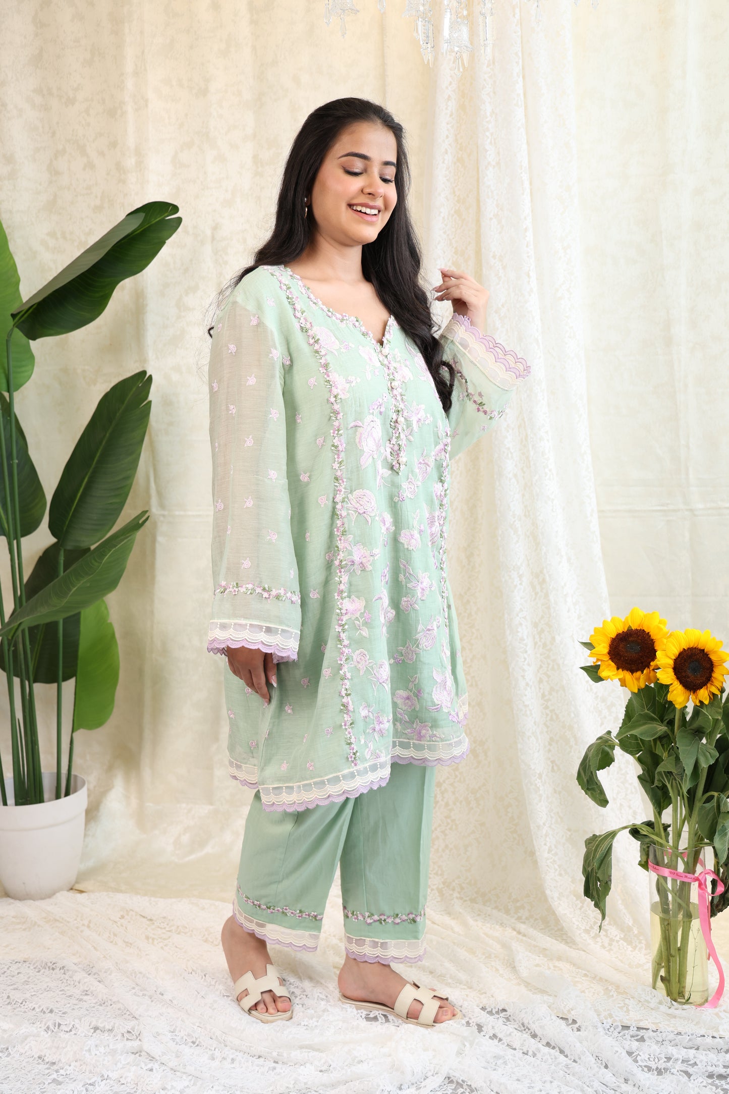 Mint Blossom Embroidered Suit Set