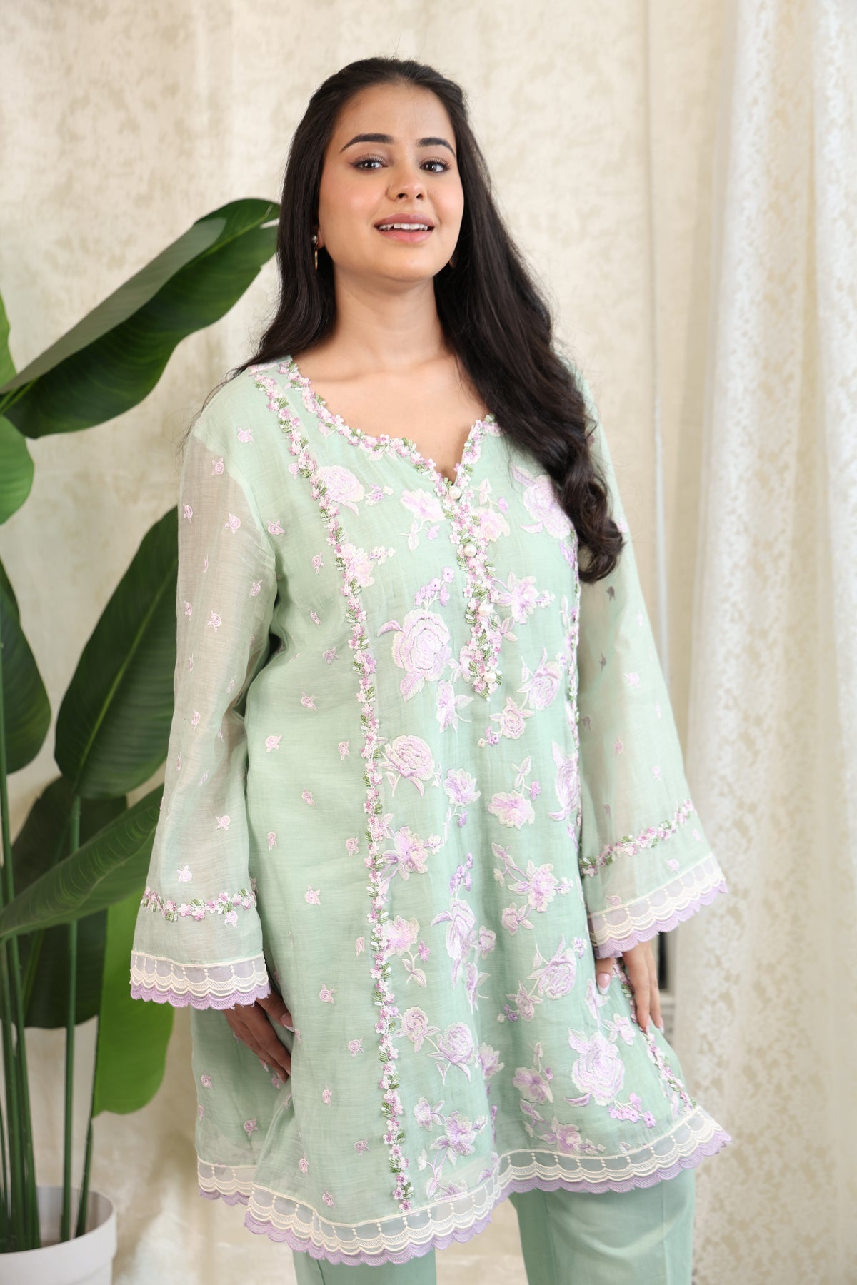 Mint Blossom Embroidered Suit Set