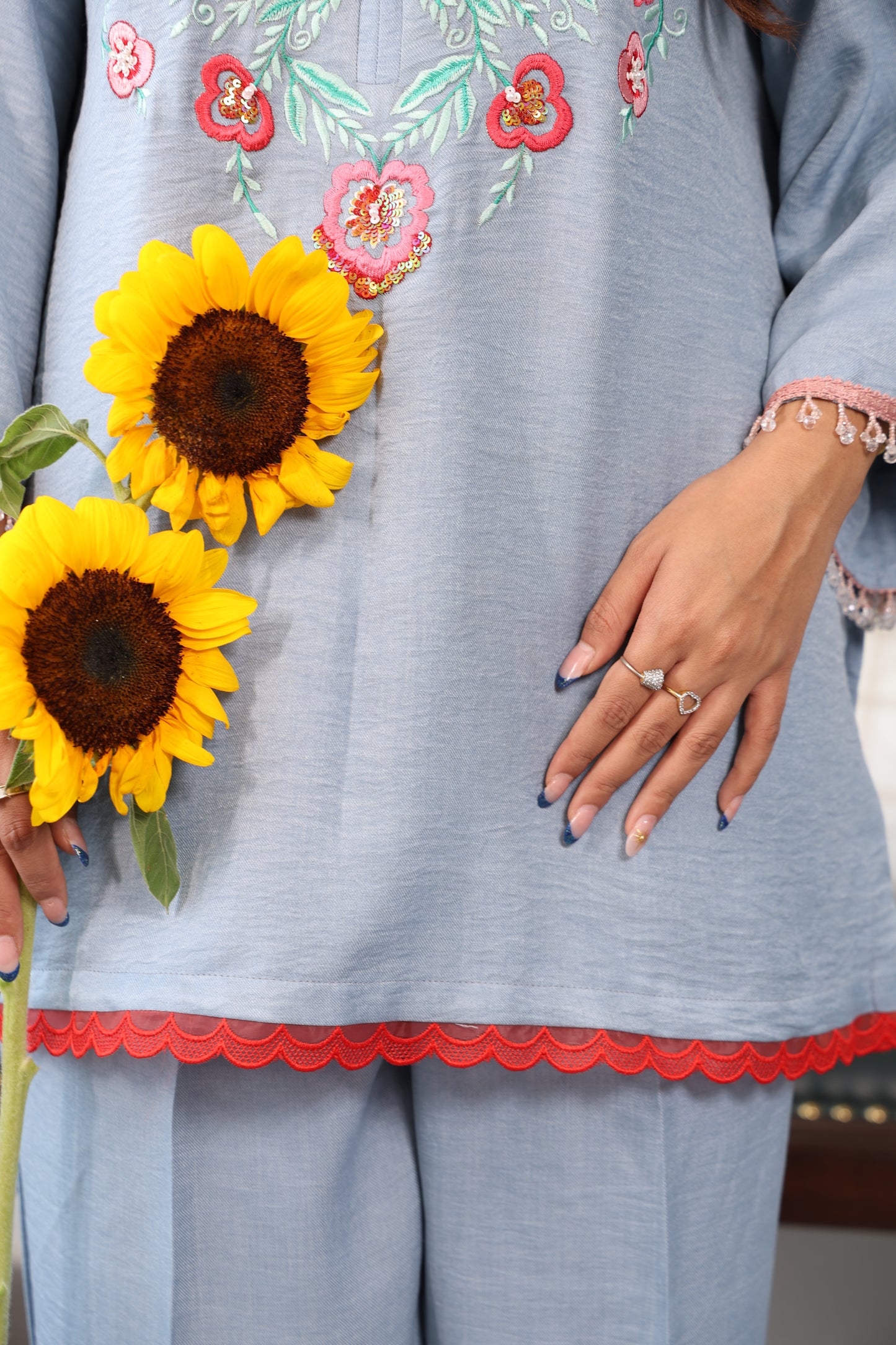 Azure Bloom Embroidered Suit Set