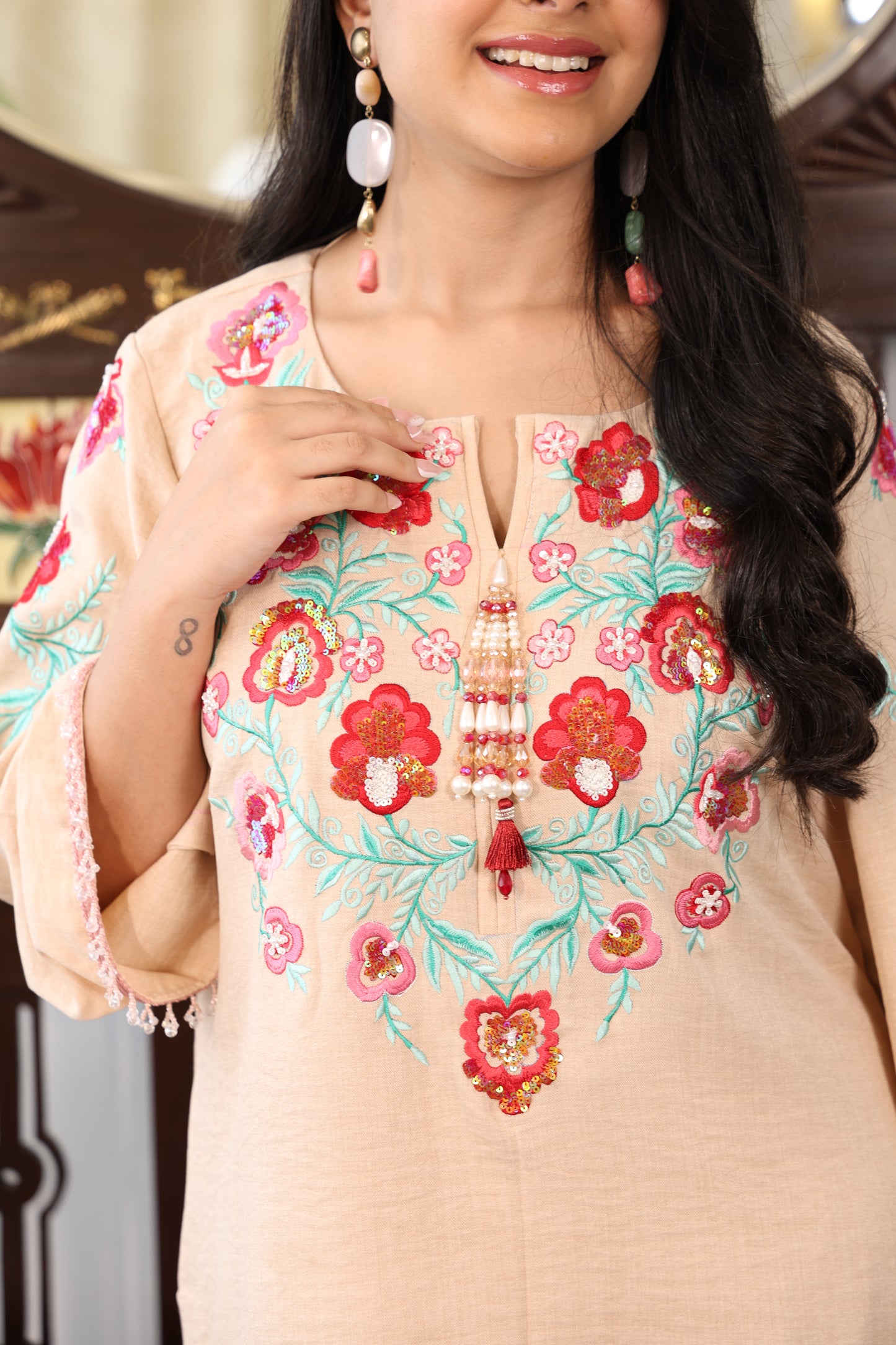 Peach Blossom Embroidered Suit Set