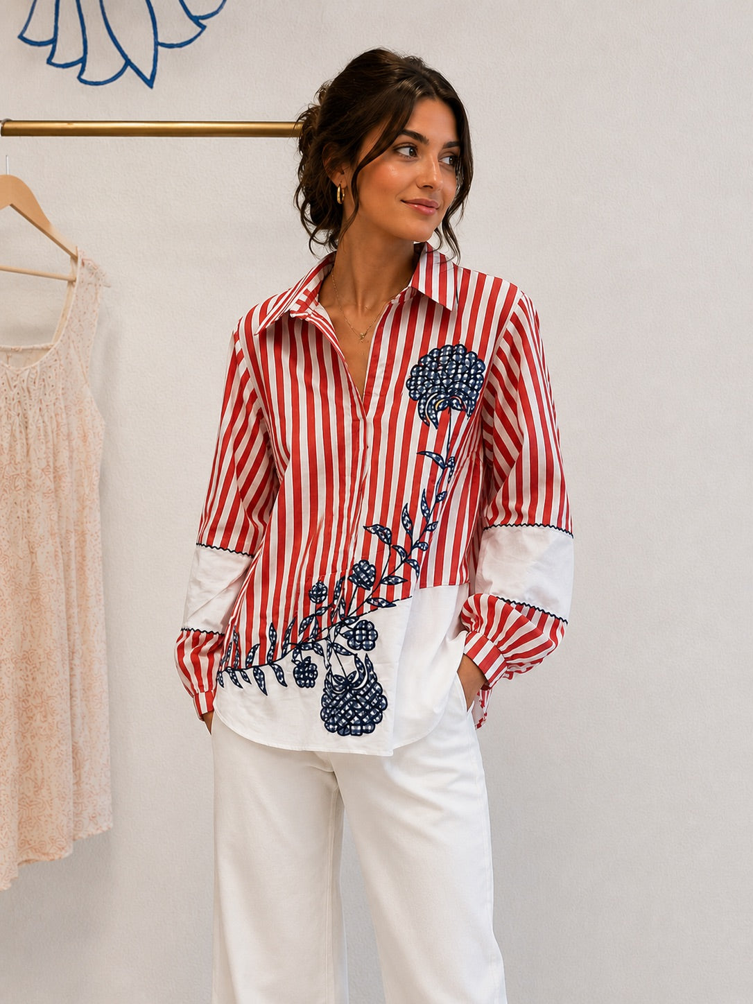 Crimson Bloom Embroidered Shirt