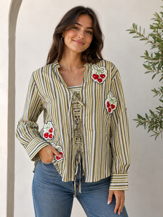 Olive Cherry Lace-Up Stripe Shirt