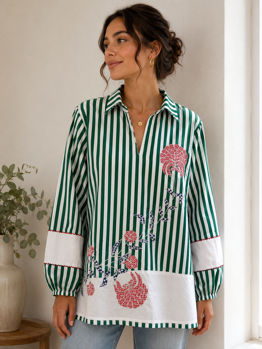 Emerald Bloom Embroidered Stripe Tunic