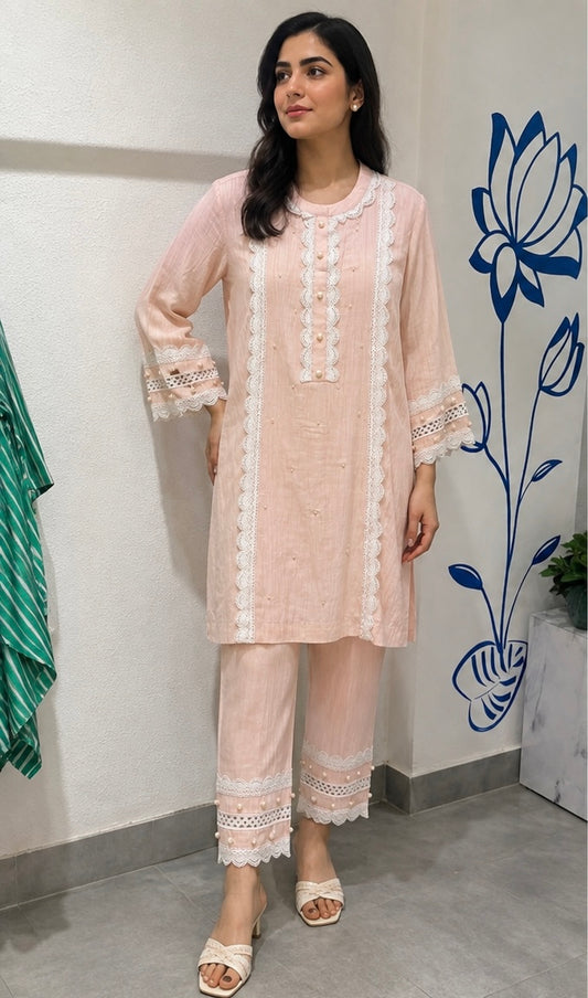 Blush Lace Embroidered Kurta Set