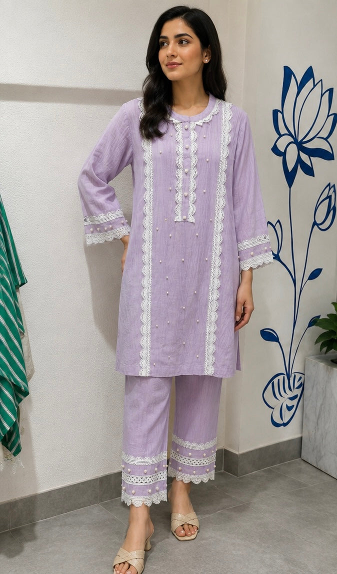 Lavender Pearl Lace Kurta Set