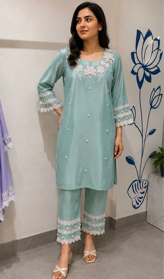 Mint Pearl Lace Kurta Set