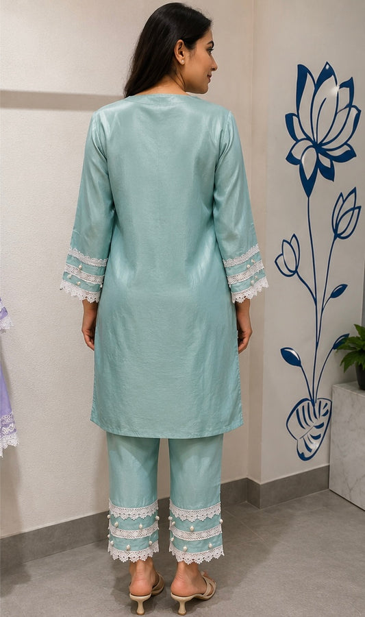 Mint Pearl Lace Kurta Set