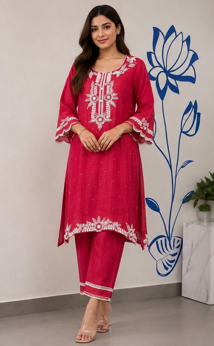 Ruby Red Embroidered Kurta Set
