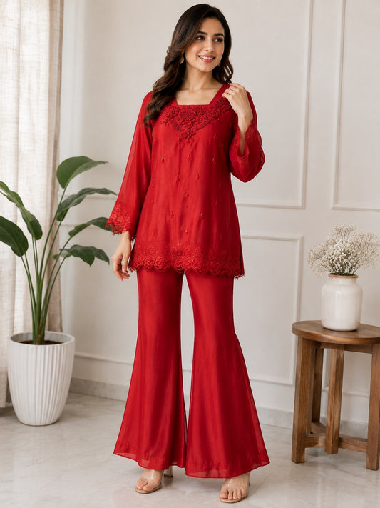 Ruby Elegance Embroidered Co-ord Set