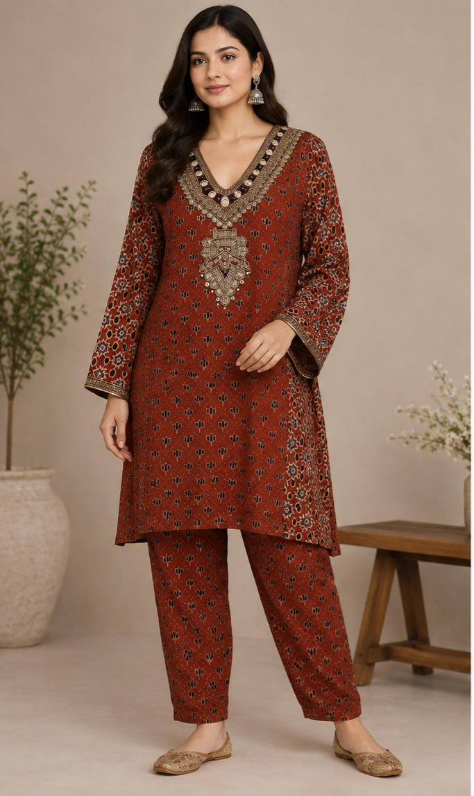 Rust Heritage Printed Kurta Set