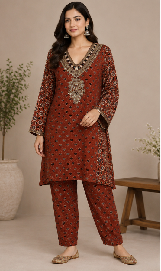 Rust Heritage Printed Kurta Set