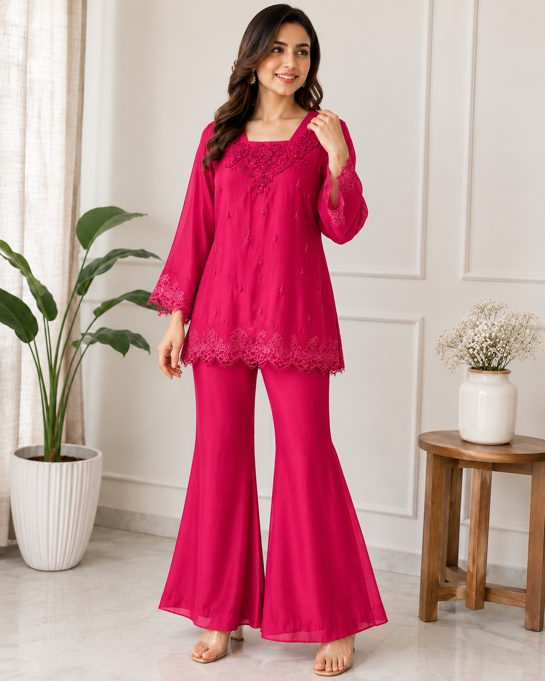 Fuchsia Elegance Embroidered Co-ord Set